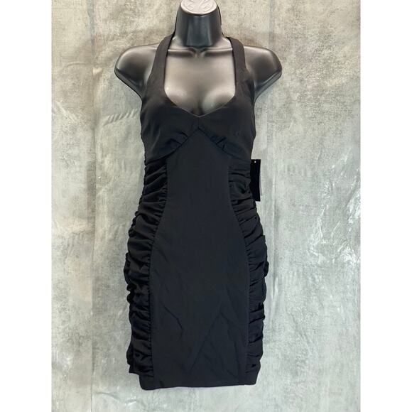 CITY STUDIO Juniors' Black Side Ruched V-Neck Cross Back Bodycon Mini Dress SZ M - Picture 1 of 14